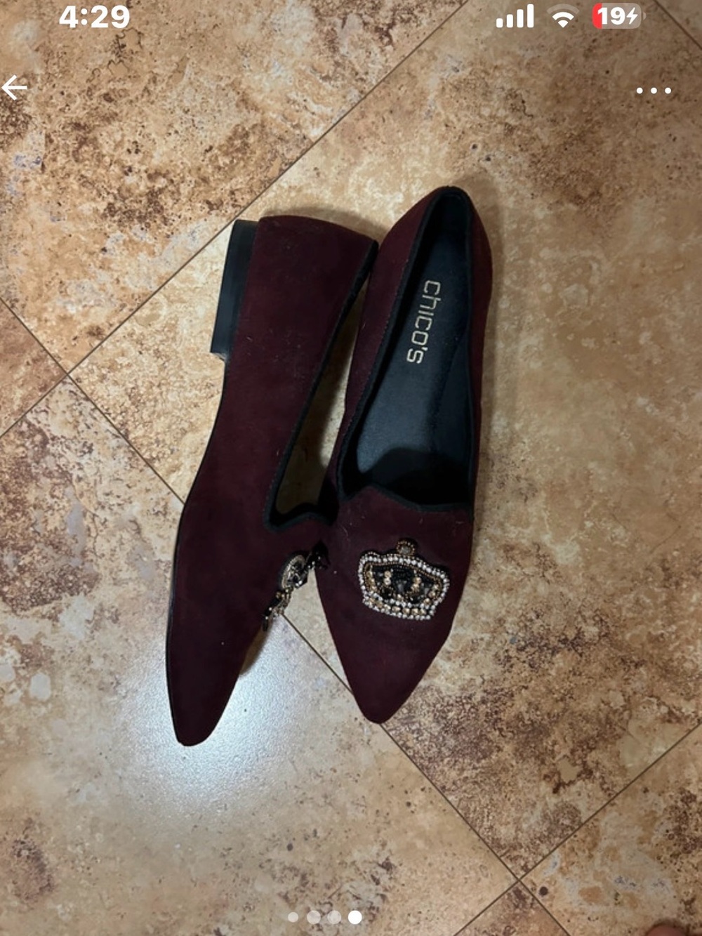 Chico's Burgundy Suede Pointed-Toe Loafers with Beaded Crown